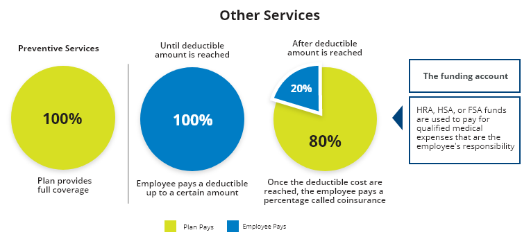 The plan provides 100% coverage of preventative services. The employee pays 100% of other services until their deductible is reached. Once the deductible costs are reached, the employee pays a percentage called coinsurance.